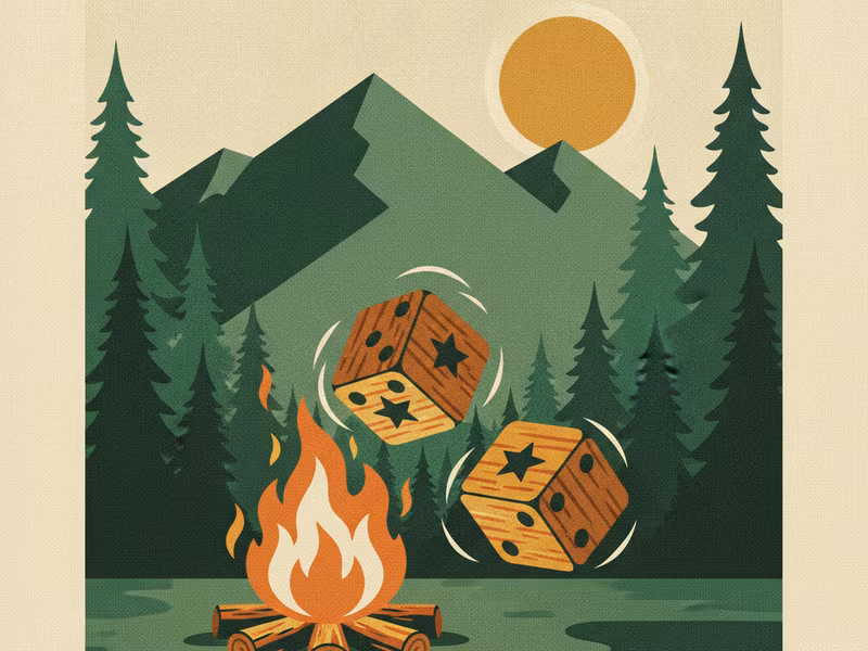 Campfire Dice game — wooden dice by a night fire