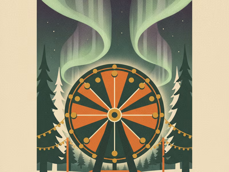 Wheel of North game — carnival wheel under northern lights