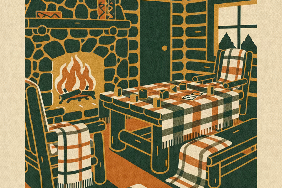 Cozy cabin interior with a wooden game table by the window