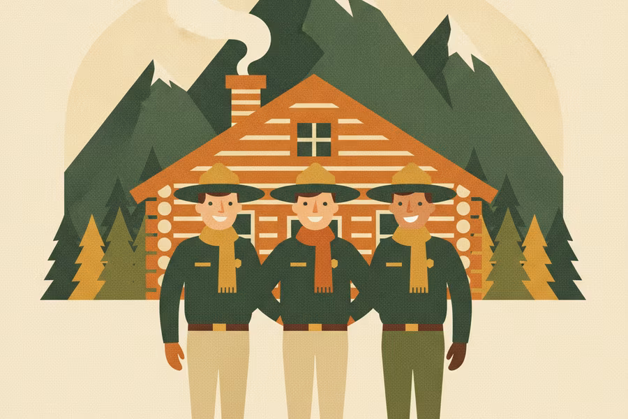 Three cheerful rangers standing in front of a wooden lodge