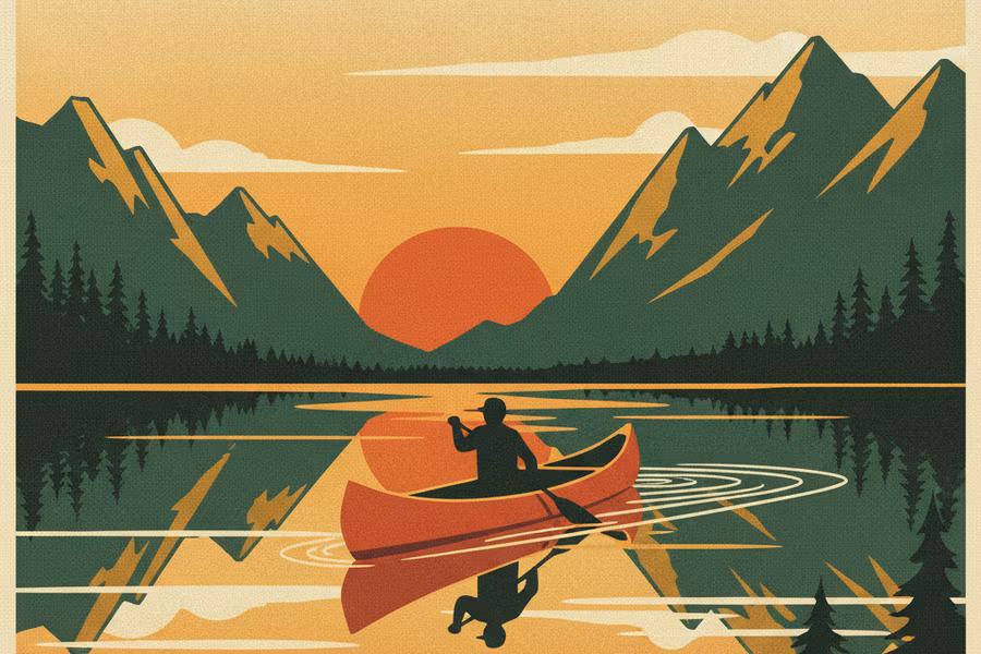 Red canoe gliding across a calm lake at sunset