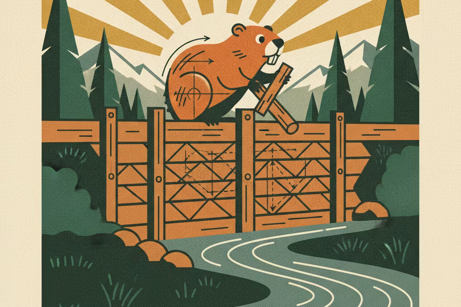 Illustrated beaver carefully engineering a wooden dam across a northern stream