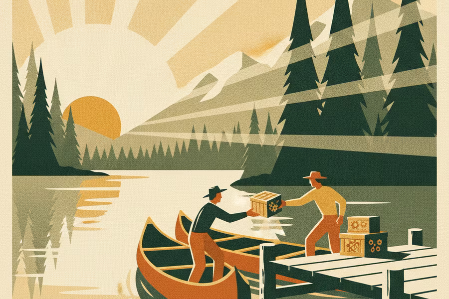 Two canoes exchanging supplies at a wooden lakeside dock at dusk