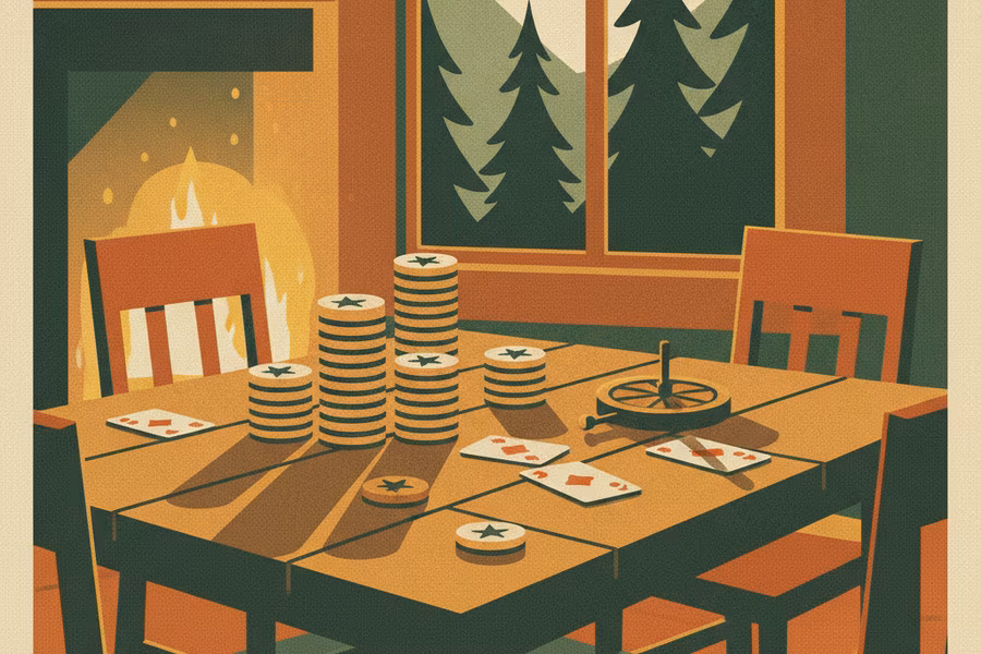 Lodge game table by a stone fireplace with stacks of Trail Tokens ready for an evening of play