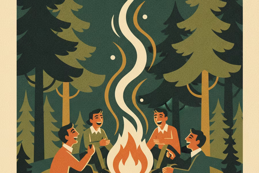 Campers laughing around a bright campfire at night