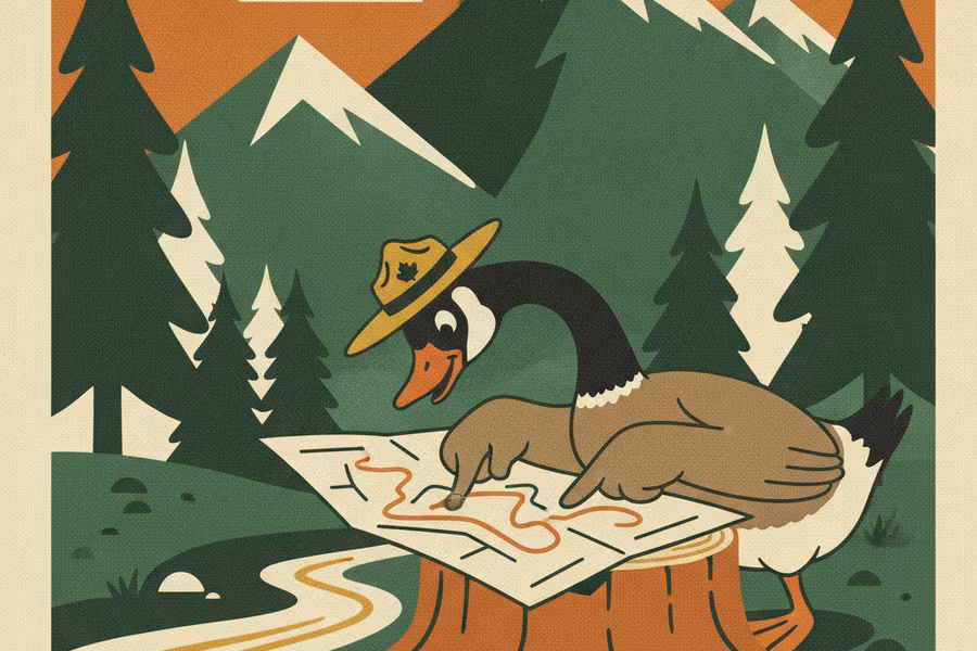 Wilfred the goose in a ranger hat studying a trail map