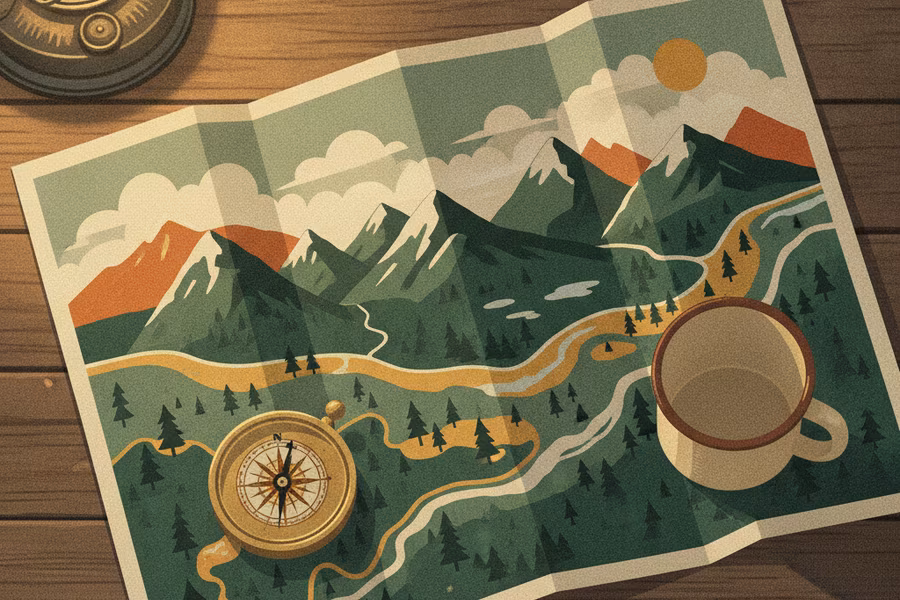 Park map spread on a wooden table with a compass on top