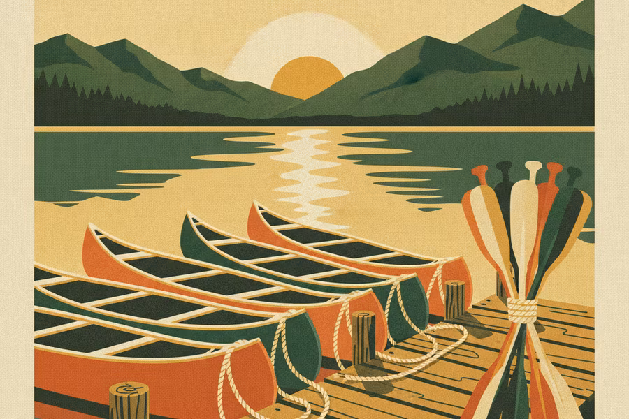Canoes tied to a wooden dock at sunrise