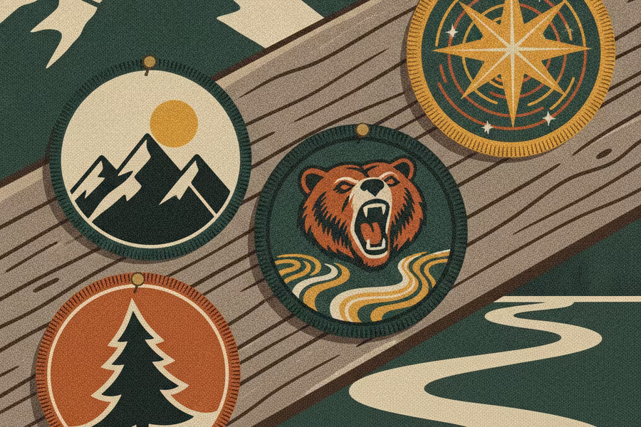 Four embroidered scout patches arranged on a wooden board in a lodge