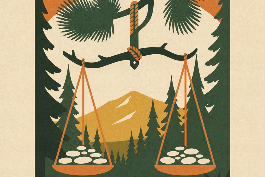 A balanced scale crafted from tree branches, symbolising balanced play