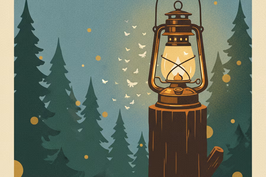 Warm brass lantern glowing on a wooden post at dusk