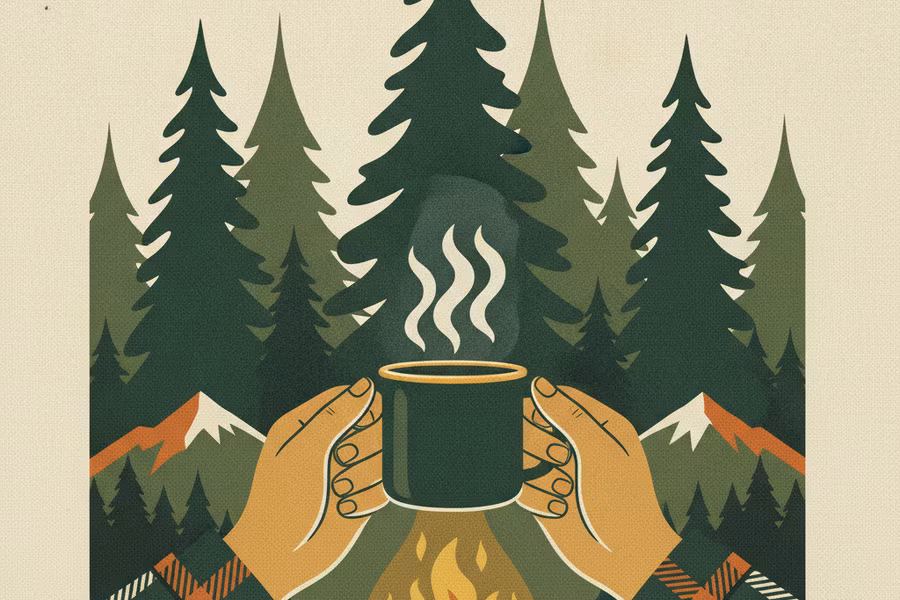 Hands holding a warm mug beside a campfire, a symbol of comfort and support
