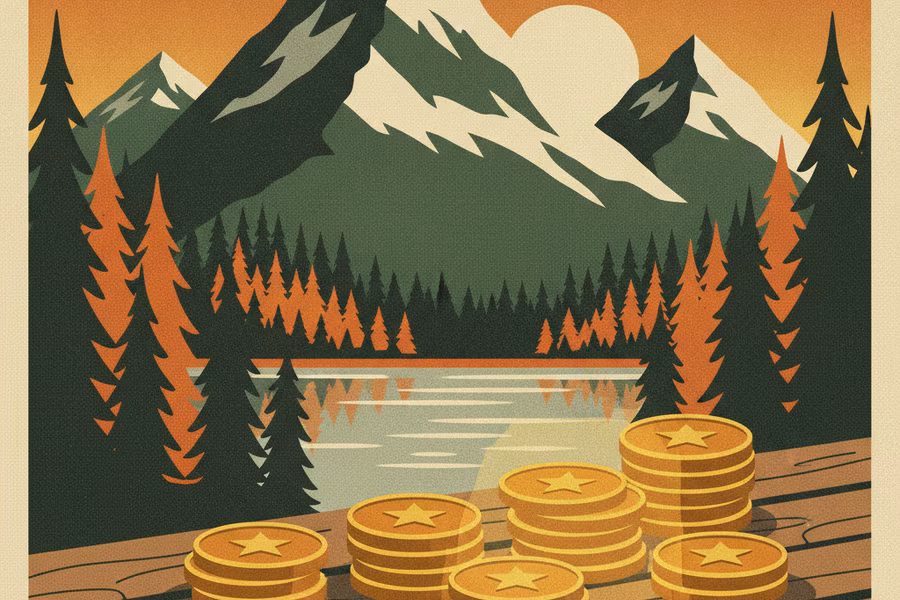 Stacks of golden star-embossed Trail Tokens on wooden planks